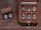 Gift Set 6 Slot Leather Watch Box with Valet Drawer - Luxury Watch Case Display Organizer, Microsuede Liner, Locking Jewelry Box, Mens Storage Boxes Holder Large Glass Top (Tan/Brown Gift Set) ROTHWELL