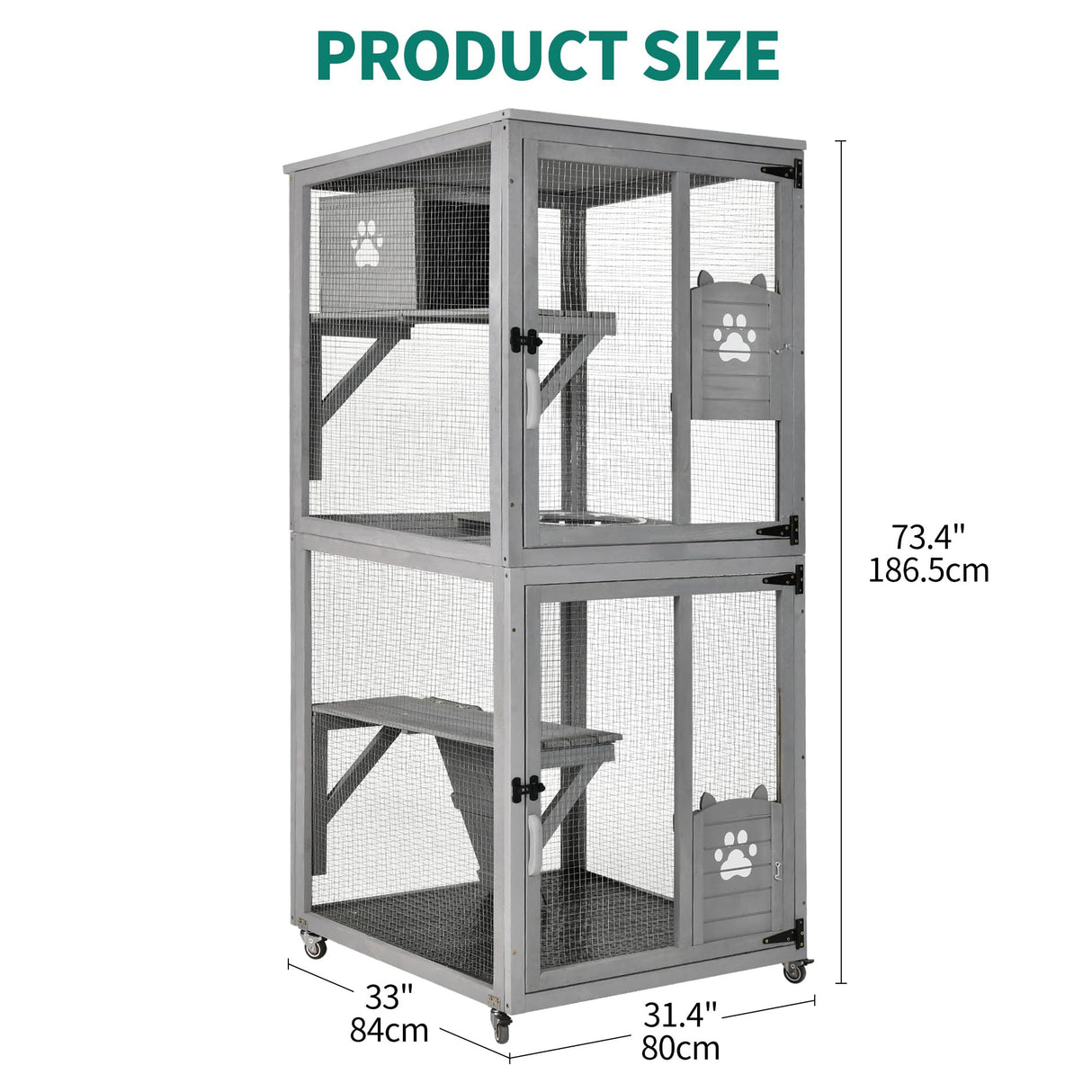 YITAHOME Cat House 70.9" Catio Outdoor Cat Enclosure on Wheels Wooden Cat Cage with Cat Space Capsule Bed and Cat Scratcher Ramp, Cat Patio Waterproof Roof(Grey) YITAHOME
