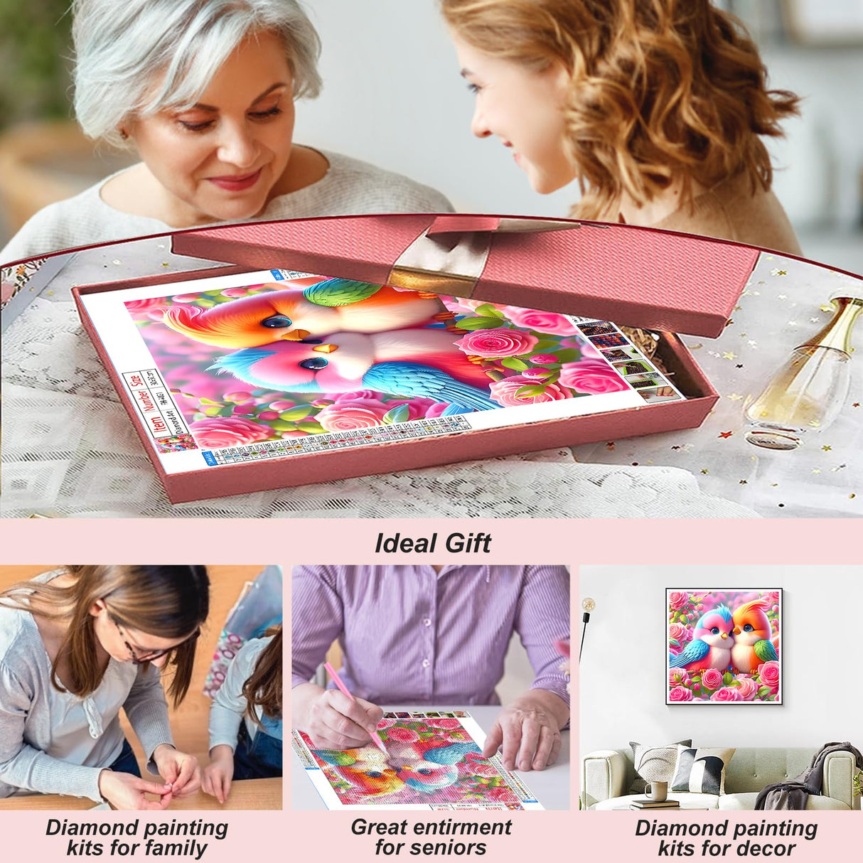 FHBUBPUP 5D Bird Diamond Painting Kits for Adults, Flowers and Birds Diamond Art Kits for Beginners - DIY Full Drill Round Diamond Dot Gem Art, Craft Gift Suitable for Home Wall Decoration 12×12Inch FHBUBPUP