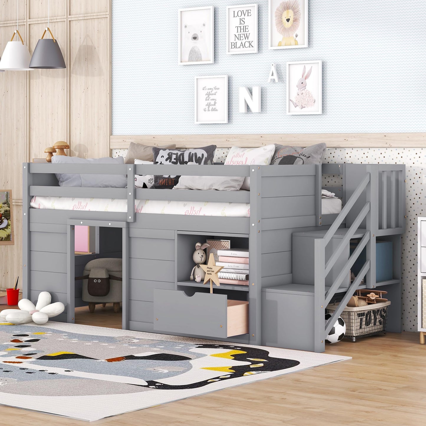 Okak Grey Twin Size Low Loft Bed with Playhouse, Storage Drawer, and Stairs for Kids - WoodArtSupply