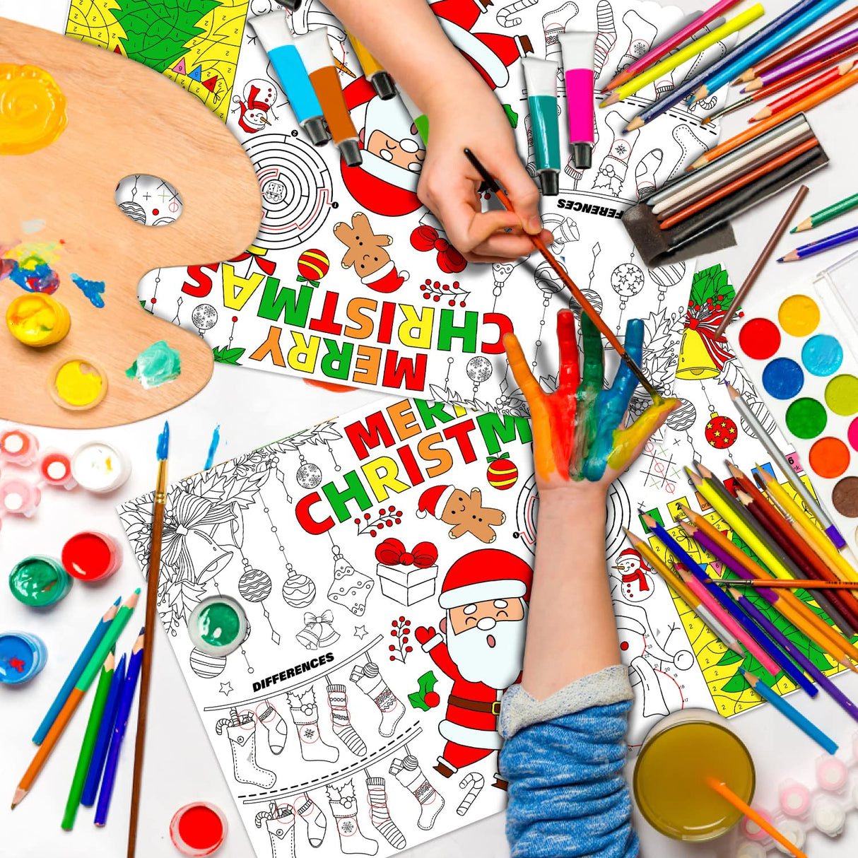 Disposable Santa Place Mats for Kids, 12 Pack - 17'x 11' Paper Table Mat Sheets for Merry Christmas School Party Decorations Gatherfun