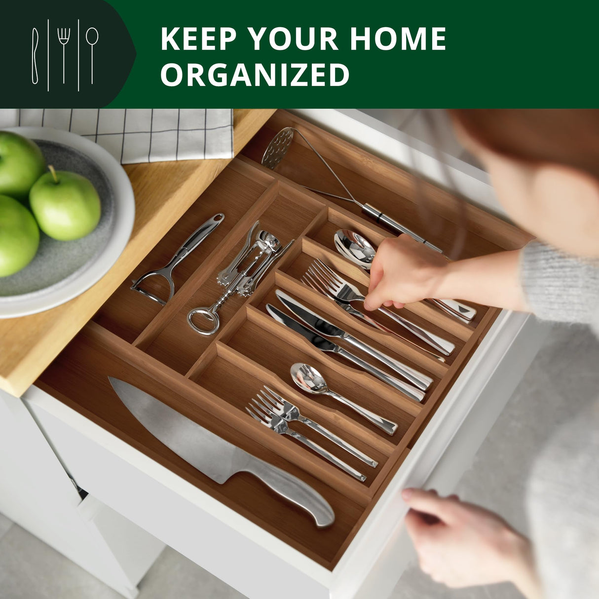 ROYAL CRAFT WOOD Luxury Bamboo Kitchen Drawer Organizer - Silverware Organizer - Utensil Holder and Cutlery Tray with Grooved Drawer Dividers for Flatware and Kitchen Utensils (9 Slot, Brown Bamboo) ROYAL CRAFT WOOD