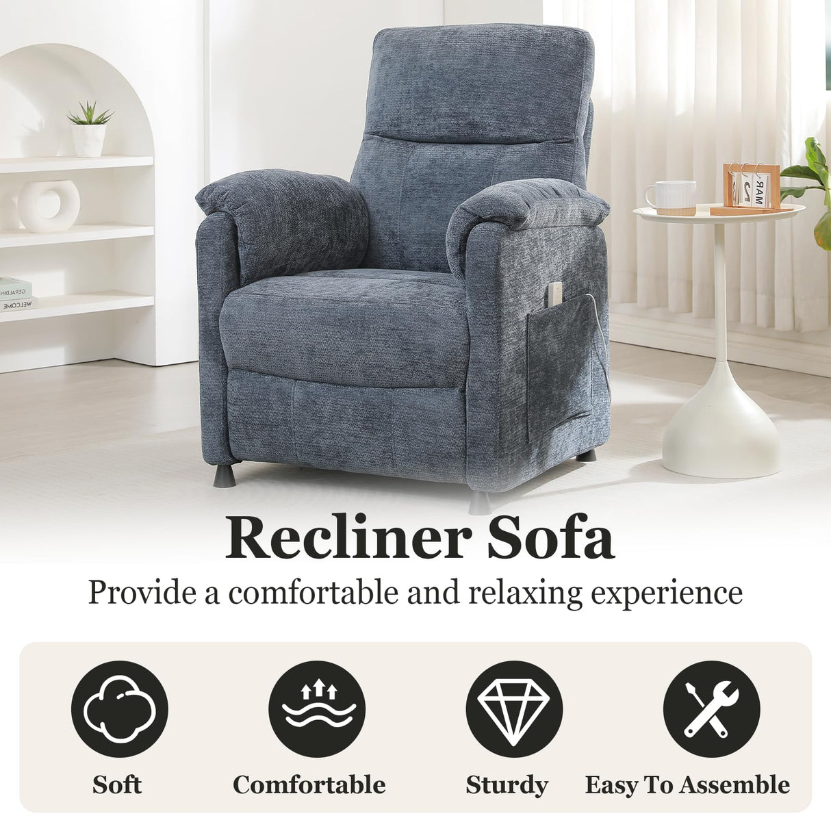 Chenille Power Recliner Chair for Living Room Bedroom|Electric|Remote Control|Side Pockets|Small|Adults (Blue) Anwick