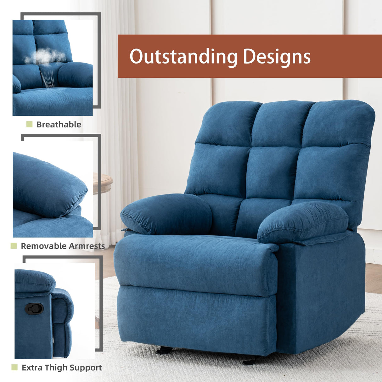 Ketaiyou Rocker Recliner Chair, Overstuffed Manual Rocking Recliner for Adults, Upholstered Comfy Soft Fabric Living Room Reclining Sofa Chair (Blue) Ketaiyou