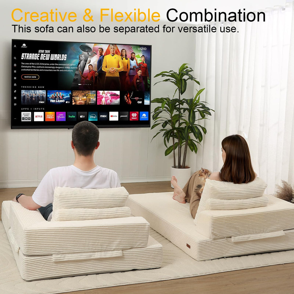 COMAX Convertible Sofa Bed, Folding Floor Couch Corduroy Fold Out Couch Bed Futon Sleeper Mattress with Pillows, Boneless Sofa Comfy Lounge Loveseat for Living Room Bedroom, Beige COMAX