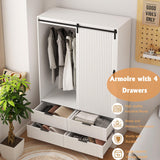 71 inch Tall Bedroom Armoire Wardrobe Closet Clothing Storage Cabinet with Hanging Rod Barn Door Drawers Open Shelves (White 3) Gagihoom