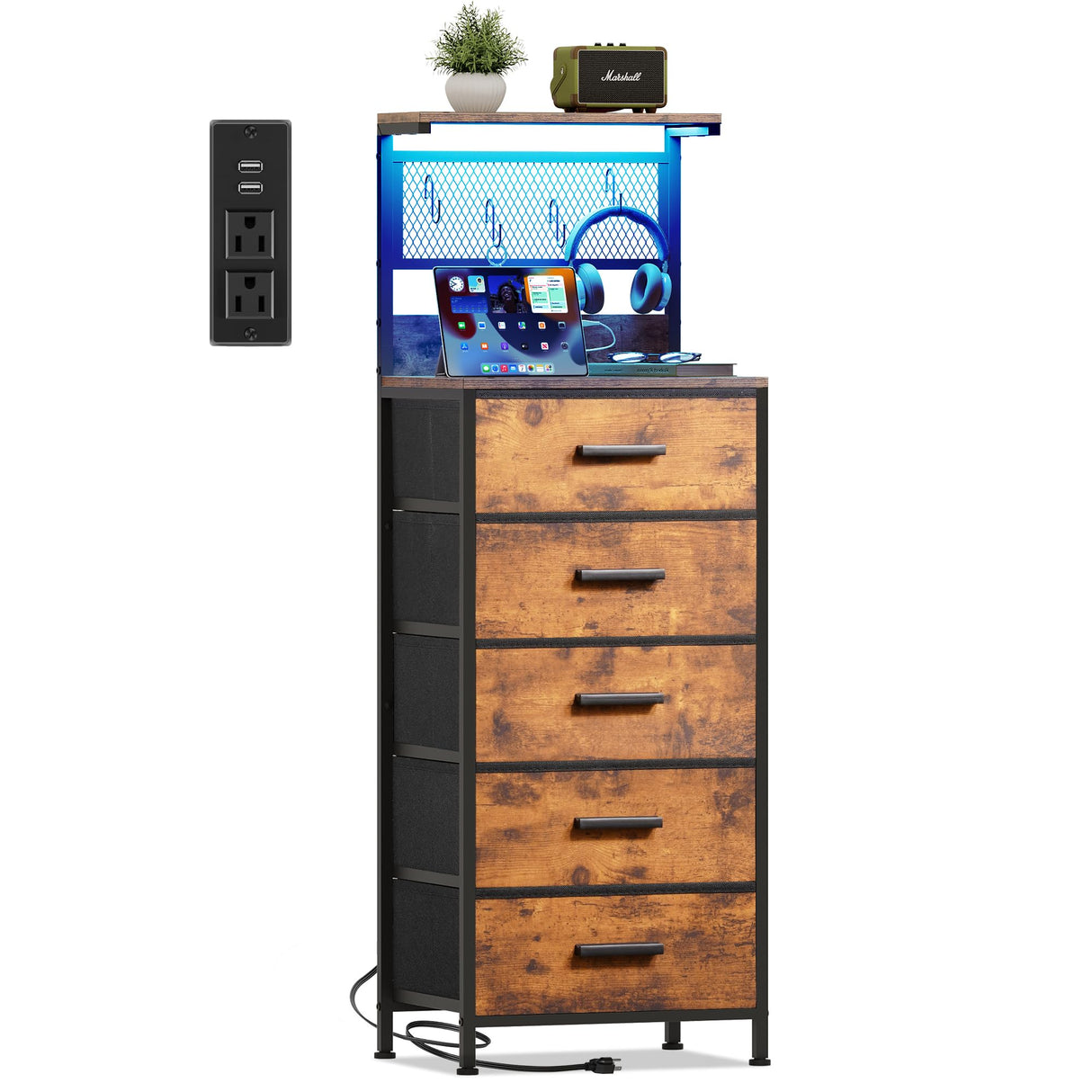 EKNKOZY Nightstand 5 Drawer Dresser with LED Lights, Charging Station, Metal Mesh Shelf with Hooks, Vertical Side Table with Fabric Drawers, End Table, Tall Dresser for Bedroom, Entryway, Rustic Brown EKNKOZY