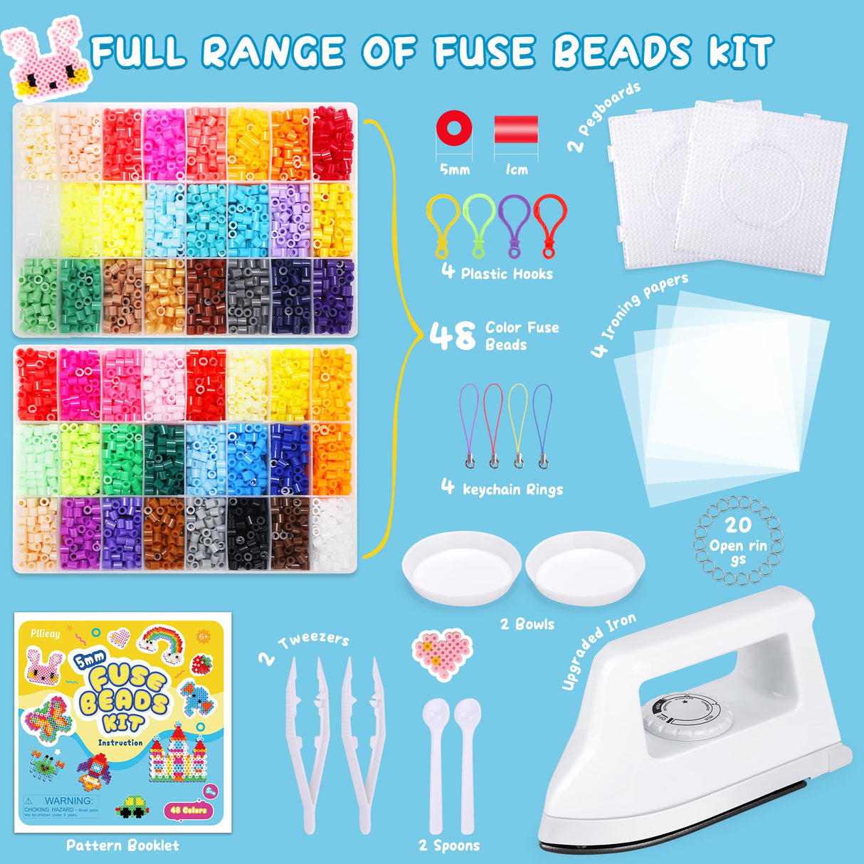 Pllieay 5mm Fuse Bead Kit with Upgraded Iron, 48 Colors Melty Beads for Craft, Iron Beads Set Including 2 Pegboards, Ironing Paper and Chain Accessories for Arts Crafts Easter Christmas Birthday Pllieay