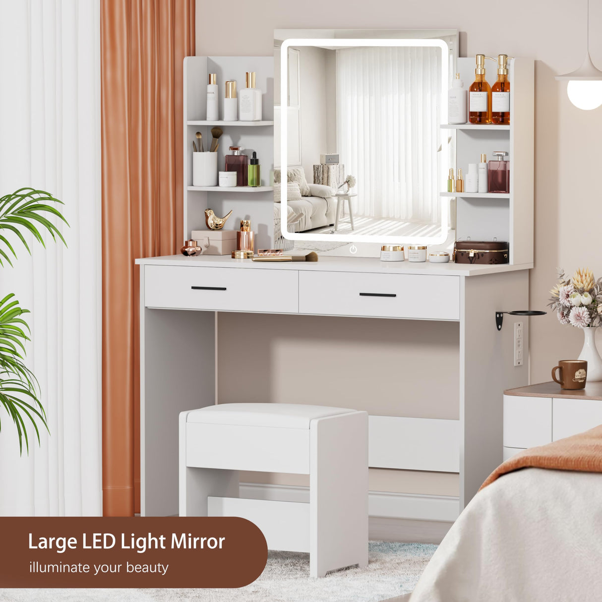 YIKEHOME Vanity with Lighted Mirror, Makeup Vanity Desk with Power Outlet, 3 Color Lights, Adjustable Brightness, Vanity Table with 6 Shelves, 2 Drawers and Stool, White YIKEHOME