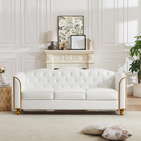 HITHOS 78" Leather Sofa Couch, Soft 3 Seater Sofa Couches for Living Room, Button Tufted Comfy Couch Modern Sofa with Upholstered Cushion, Gold Trim, Solid Wood Legs for Dorm Bedroom Apartment, White HITHOS