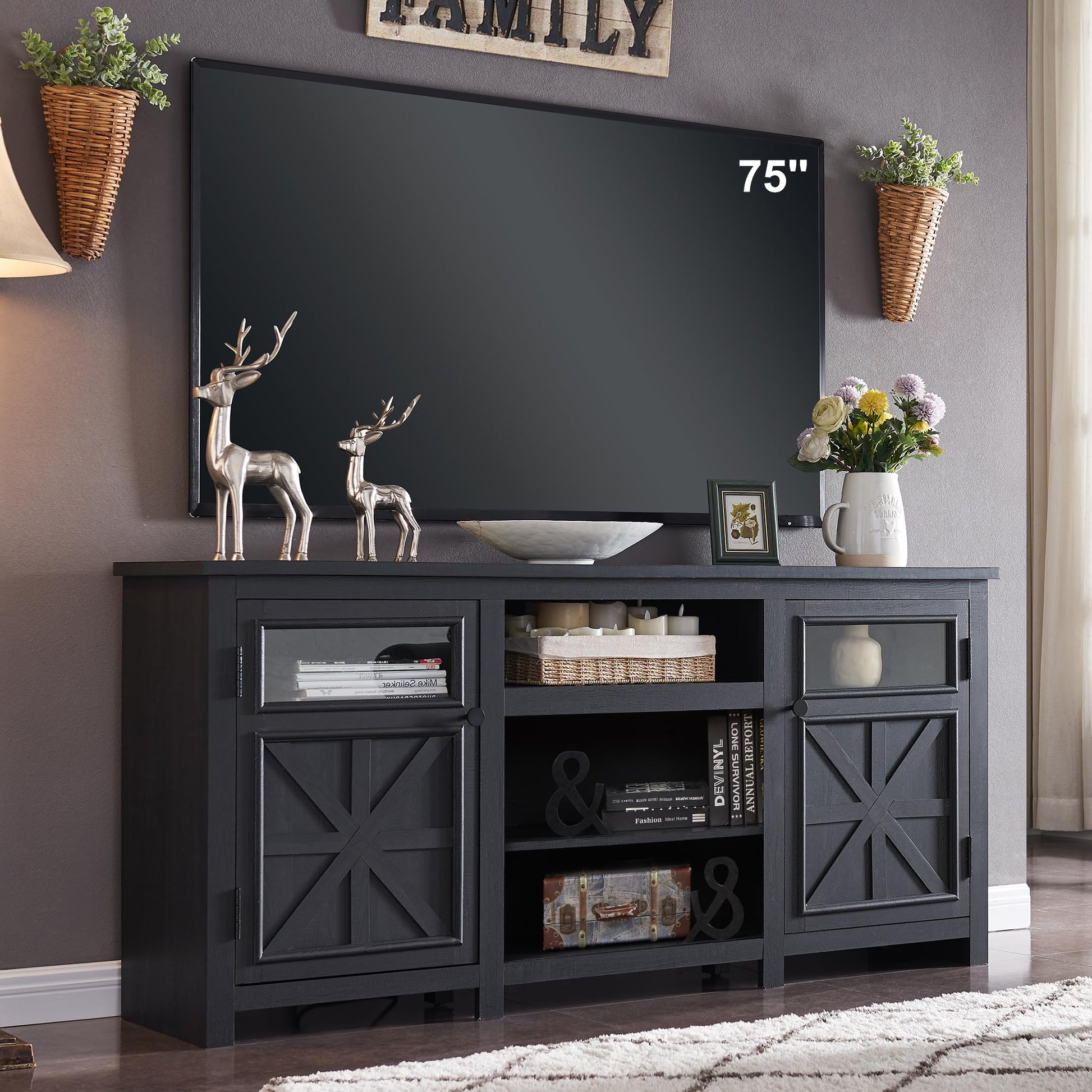 JXQTLINGMU Farmhouse TV Stand for 75 Inch TV, Entertainment Center with Storage, Modern TV Cabinet with Barn Doors, 66" Rustic TV Console for Living Room, Adjustable Shelf - Black - WoodArtSupply