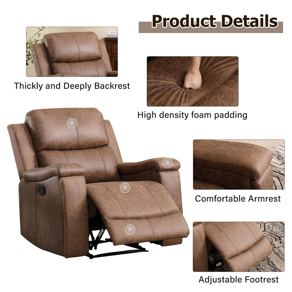 CANMOV Leather Recliner Chair Set of 2, Classic and Traditional Manual Recliner Chair with Overstuffed Arms and Back, Manual Single Sofa with Concealed Cup Holders,Nut Brown CANMOV