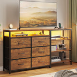 HAUOMS TV Stand for 60 Inches TV,TV Stand with Charging Station & LED Lights, 6 Fabric Drawers,Entertainment Center and Industrial TV Console Table with Shelves for Living Room, Bedroom,Rustic Brown HAUOMS
