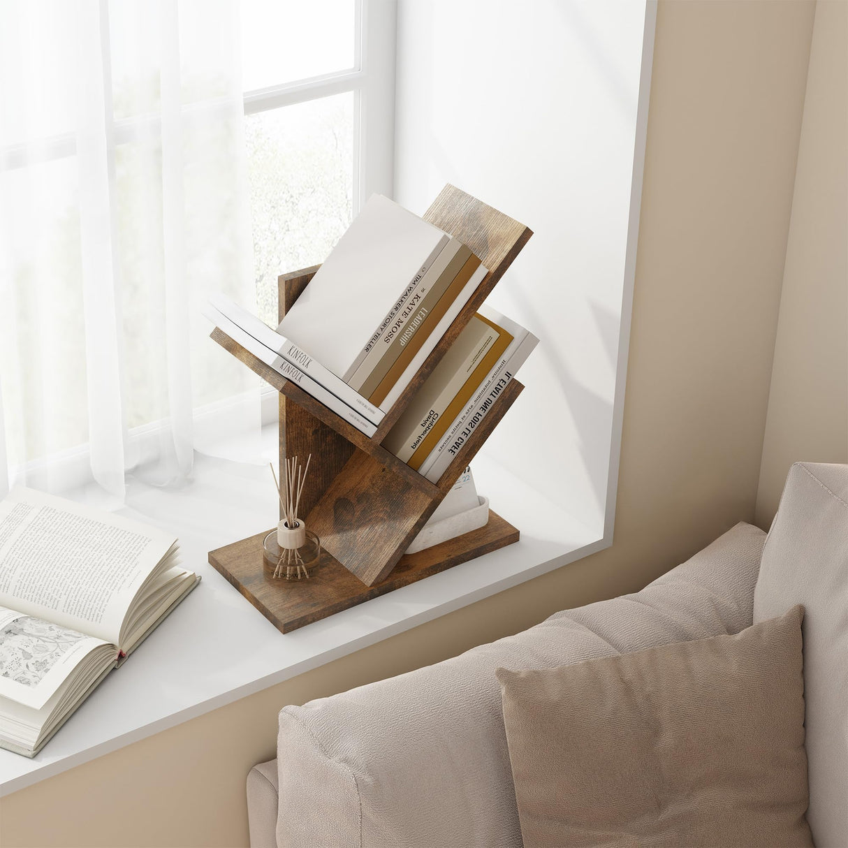 Tajsoon Tree Bookshelf 3 Tier Book Storage Organizer Shelves, Desktop Bookshelf Floor Standing Bookcase Display for CDs/Magazine/Books, Small Bookshelf for Bedroom, Living Room Office, Rustic Brown Tajsoon