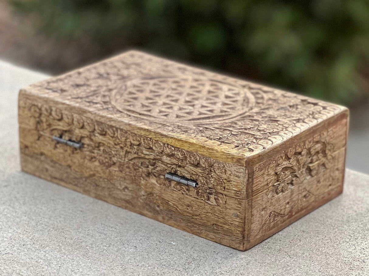 DharmaObjects Hand Carved Jewelry Trinket Keepsake Wooden Storage Box (Large, Flower Of Life) DharmaObjects