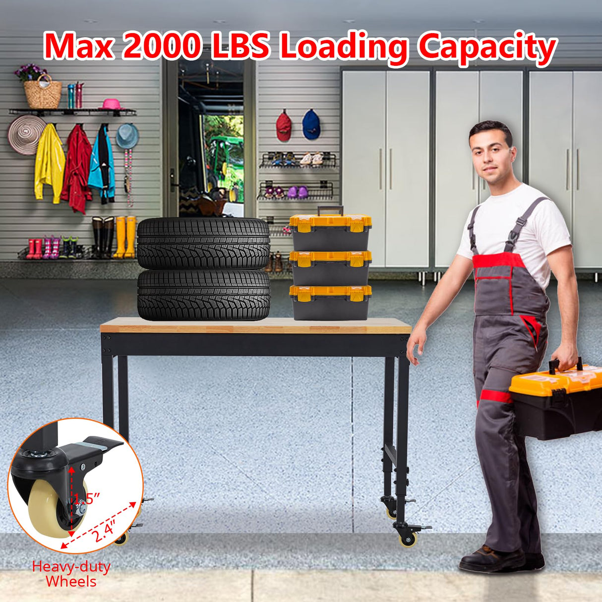 EuKer Workbench 72x25 Inch, Adjustable Height Worktable for Garage, Rubber Wood Top & Cold-Rolled Steel Table Workbench, Heavy Duty Workstation with Power Outlets & Wheels, 2000 Lbs Load Capacity Euker