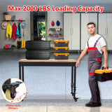 EuKer Workbench 72x25 Inch, Adjustable Height Worktable for Garage, Rubber Wood Top & Cold-Rolled Steel Table Workbench, Heavy Duty Workstation with Power Outlets & Wheels, 2000 Lbs Load Capacity Euker