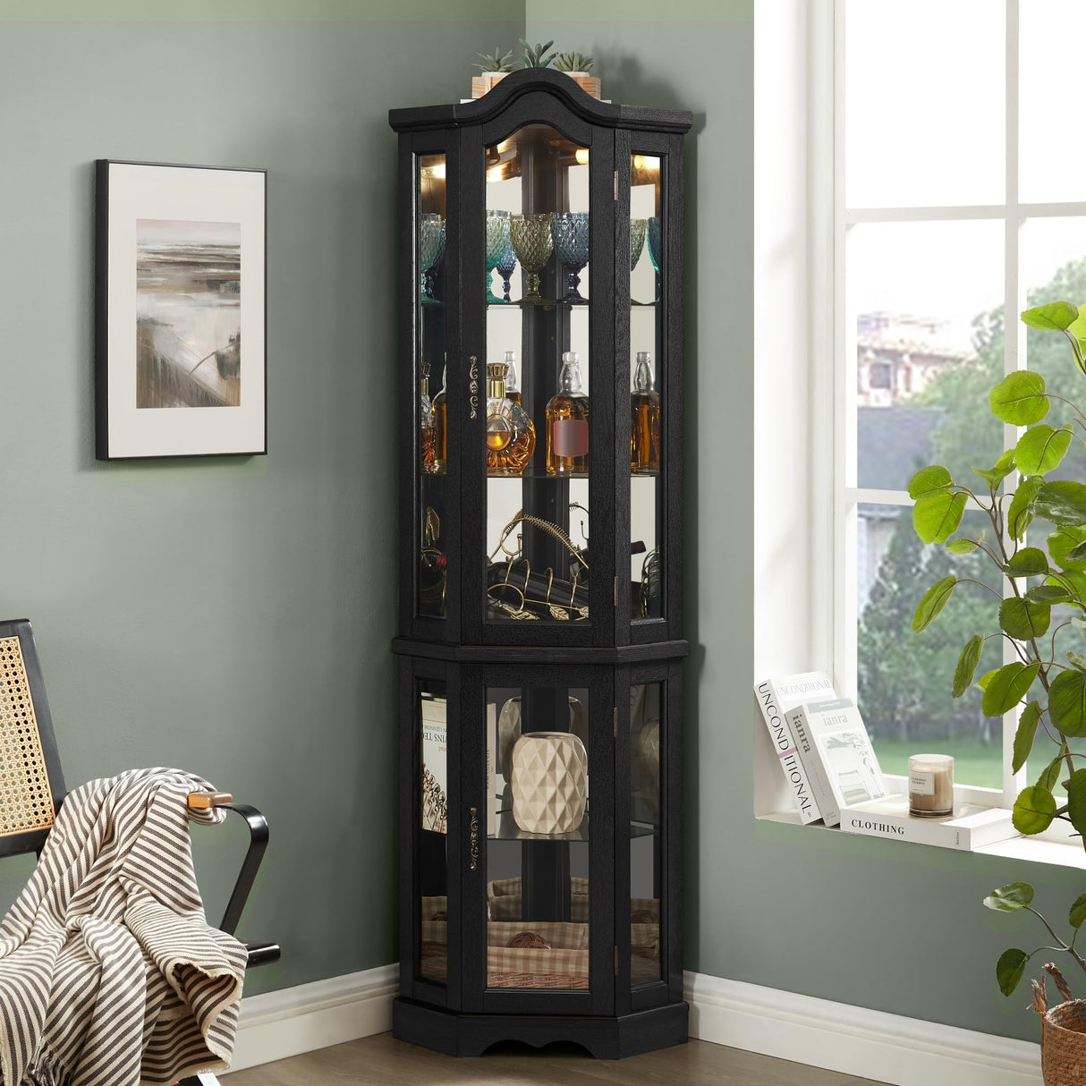 TERRUPEX Lighted Corner Curio Cabinet with Tempered Glass Doors & Shelves,Elegant Display Storage for Living Room & Bedroom Decor TERRUPEX