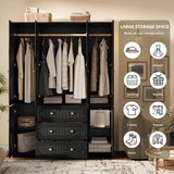 4 Doors Freestanding Armoire Wardrobe Closet, 72" Black Wardrobe Armoire Wooden Closet Large Capacity Storage with 3 Drawers & 3 Hanging Rod Shelves Clothes Organizer TOKSOM