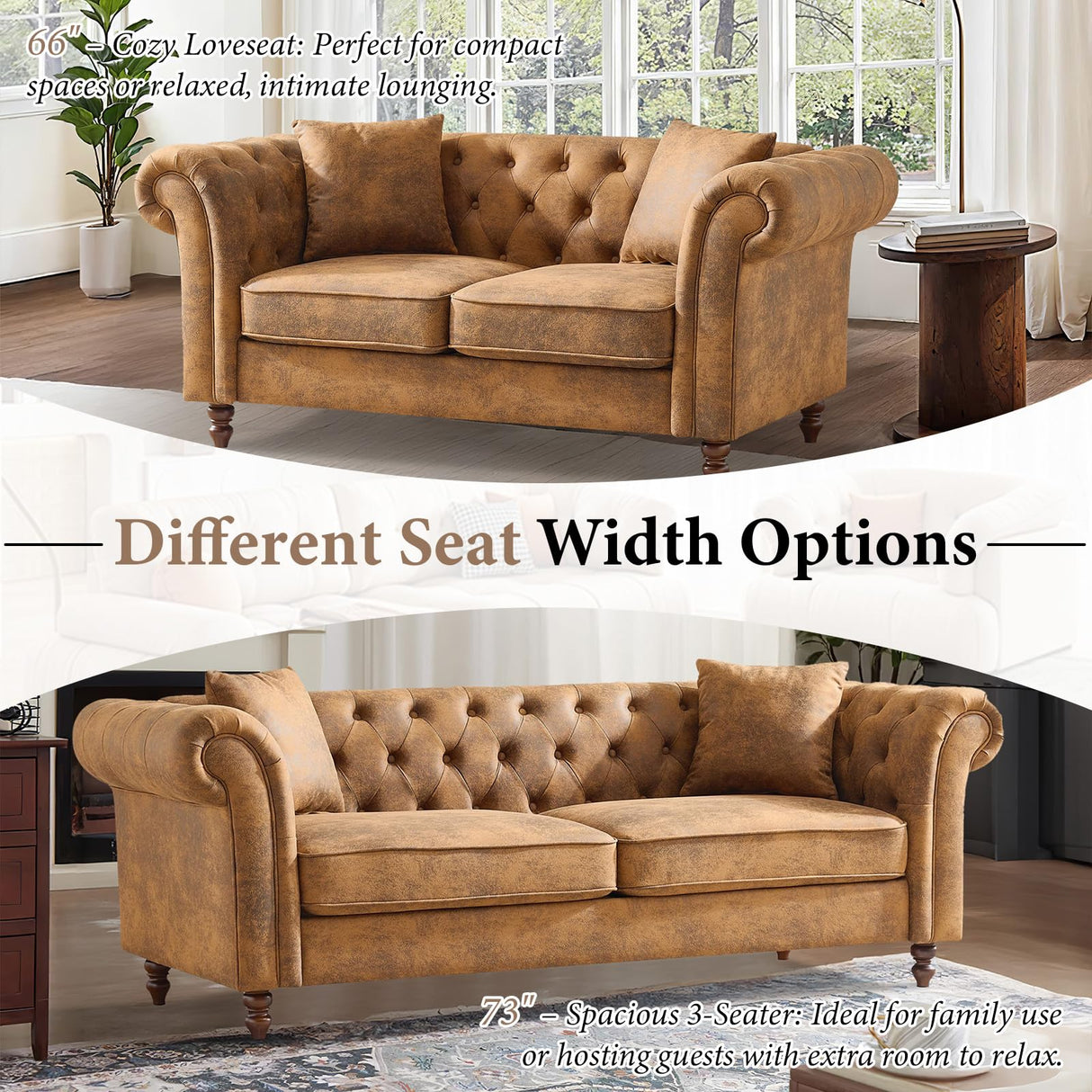 66" Chesterfield Tech Fabric Loveseat Sofa, High-Tech Fabric Upholstered Rolled Arm Couch, Tufted Mid Century Modern 2-Seater Sofa for Living Room, Office, Small Apartment,Brown TTK