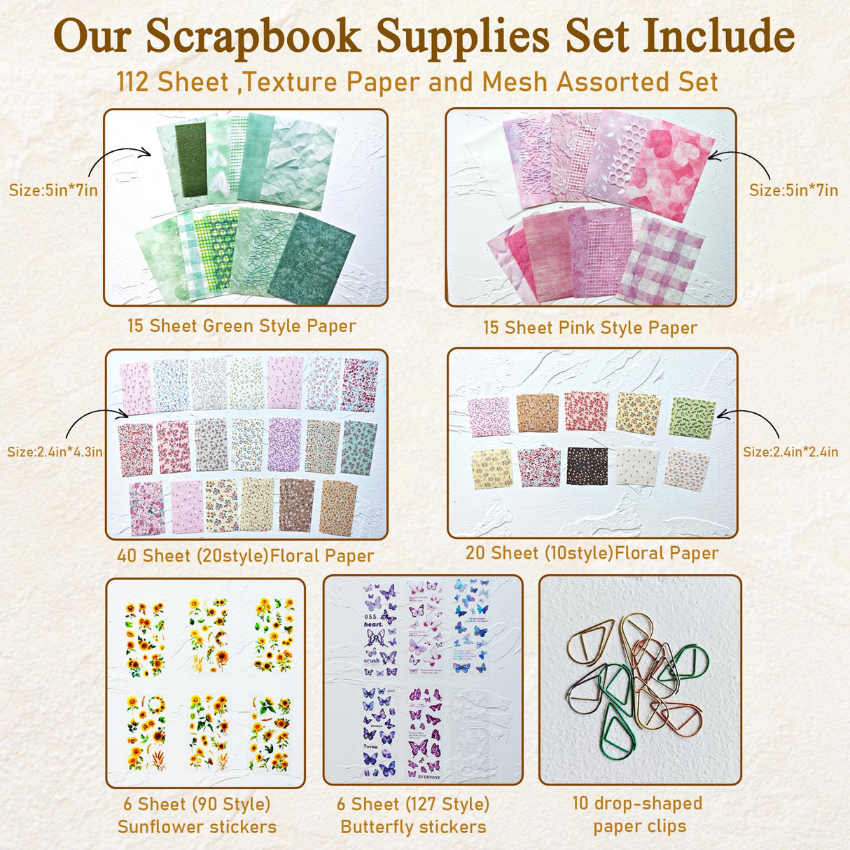 YOJO Scrapbook Paper, 317PCS Scrapbook Supplies Kit, Texture Aesthetic Decorative Craft Paper Include Stickers for Planner, Bullet Journaling, Junk Journal, Craft Gifts for Women Girls YOJO