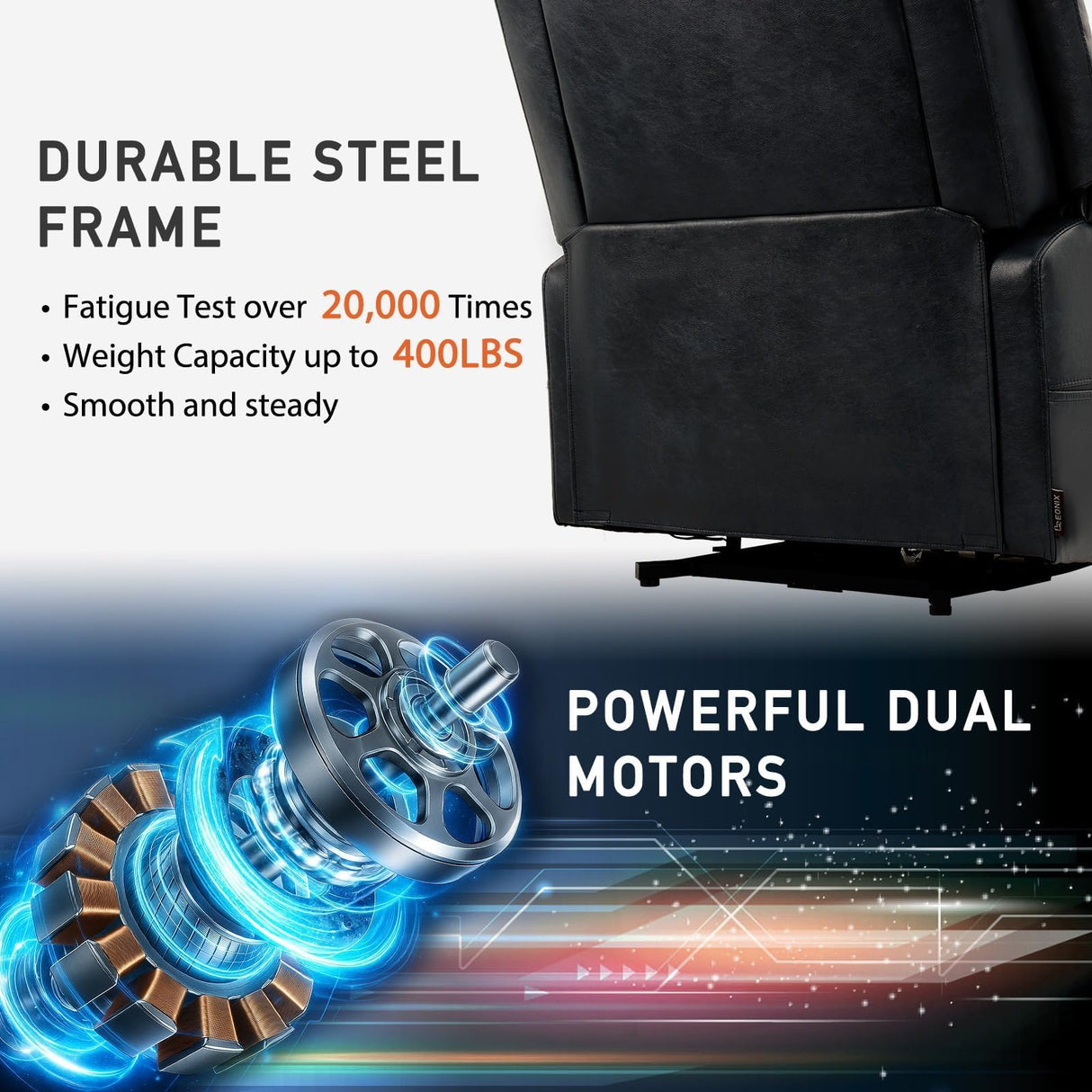 EONIX Dual Motor Oversized Power Lift Recliner Chair for Elderly, 400lbs Heavy Duty Faux Leather Recliner with Massage and Heat, Lay Flat Big and Tall Lift Chair with Cup Holders, Black EONIX