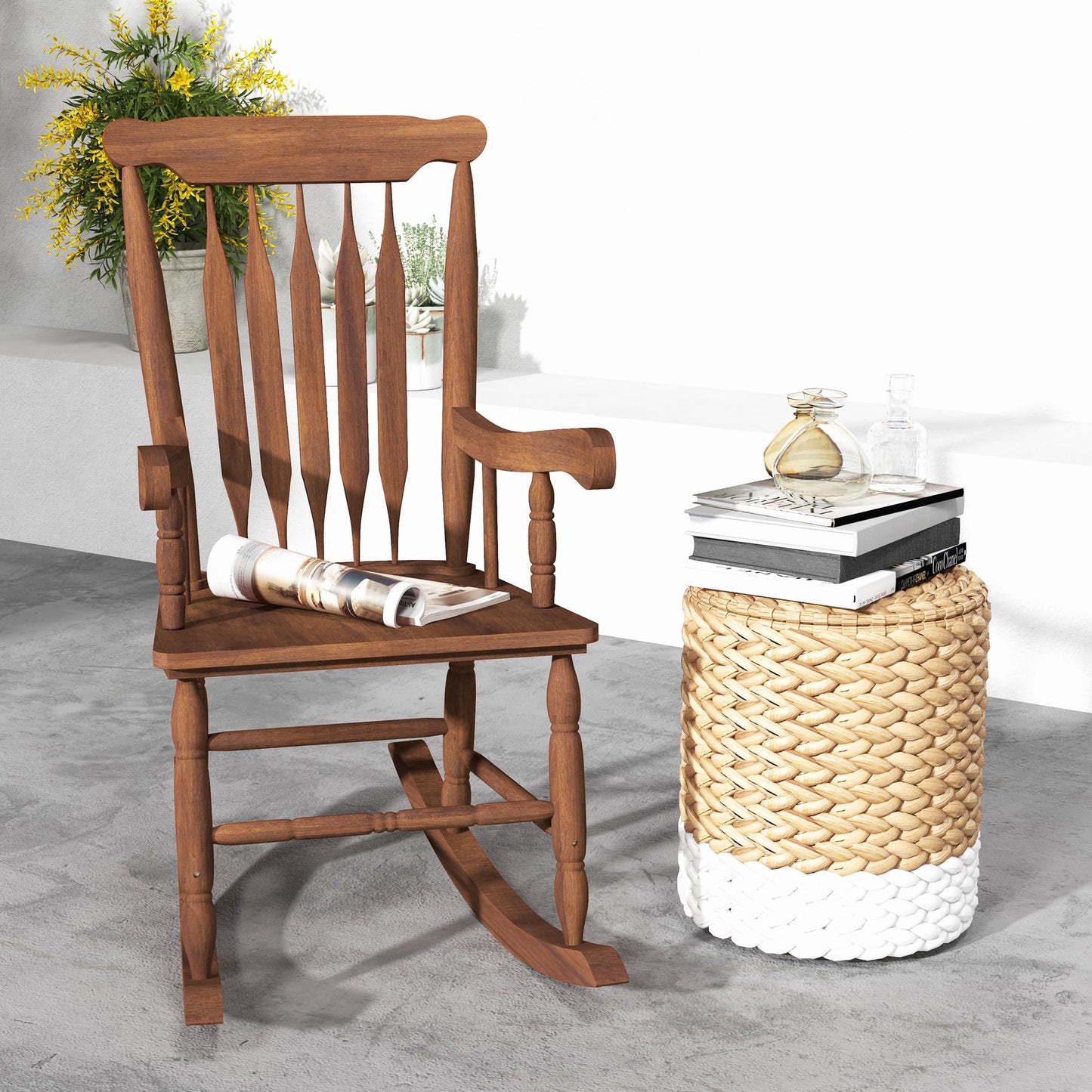 Outsunny Outdoor Wood Rocking Chair, 350 lbs. Porch Rocker with High Back for Garden, Patio, Balcony, Teak - WoodArtSupply