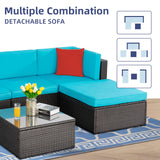 Vongrasig 5 Piece Furniture Sets, All-Weather Brown PE Wicker Outdoor Couch Sectional Small Patio Conversation Garden Sofa Set w/Ottoman, Glass Table, Blue Vongrasig
