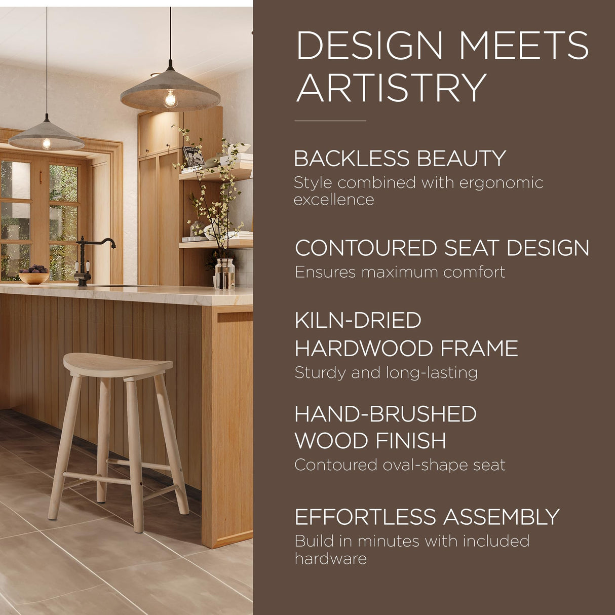 Maven Lane Luna 26 Inch Tall Counter Height Backless Modern Dining Barstool in Rustic Light Oak Wood Finish with Narrow Saddle Seat, Set of 2 Maven Lane