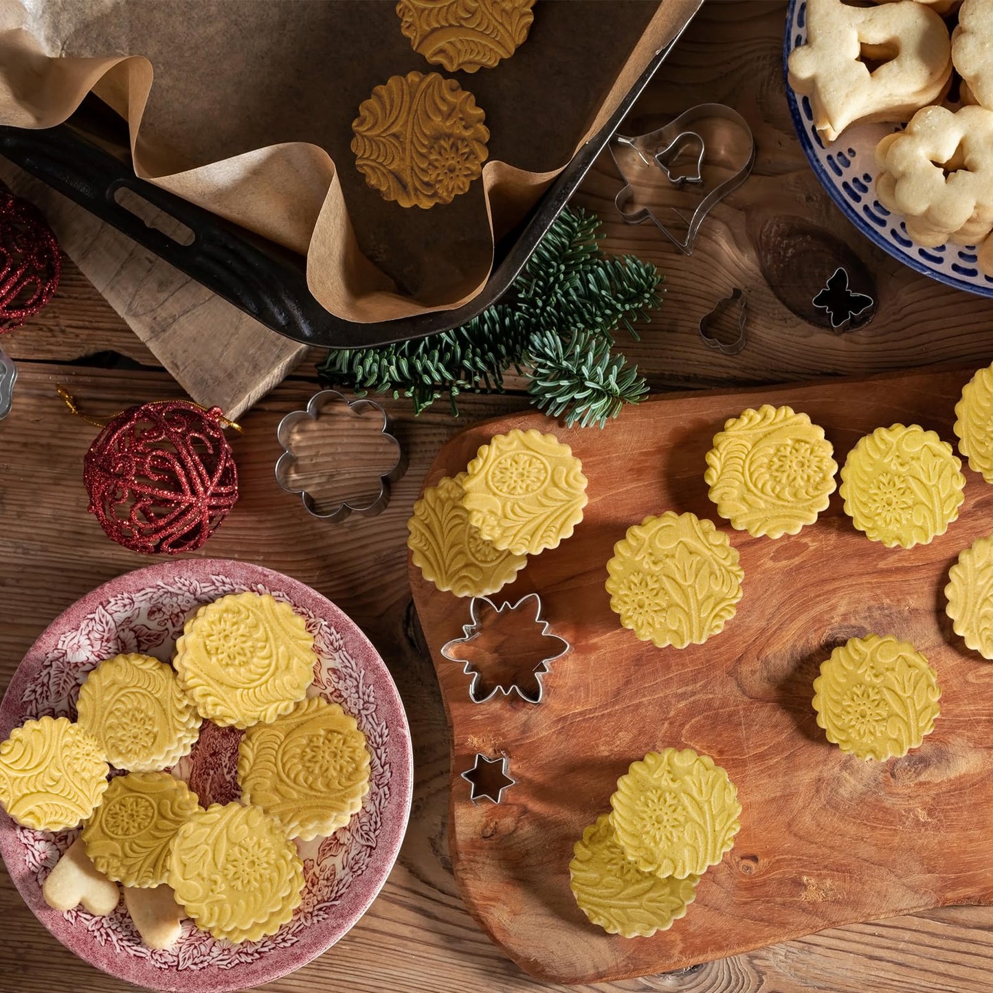 Embossed Wooden Rolling Pin with Carved Natural Wood and Snowflake Flower Pattern for New Year and Valentine's Day Baking. Cute Kitchen Tool for Kids and Adults to Emboss Cookies