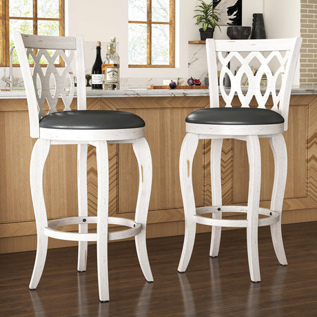 Callales 29" Bar Height Swivel Bar Stools Set of 2 for Kitchen Island, Farmhouse Barstool Counter Chair with Back and Footrest, Upholstered Barstools (White, Round Seat) Callales