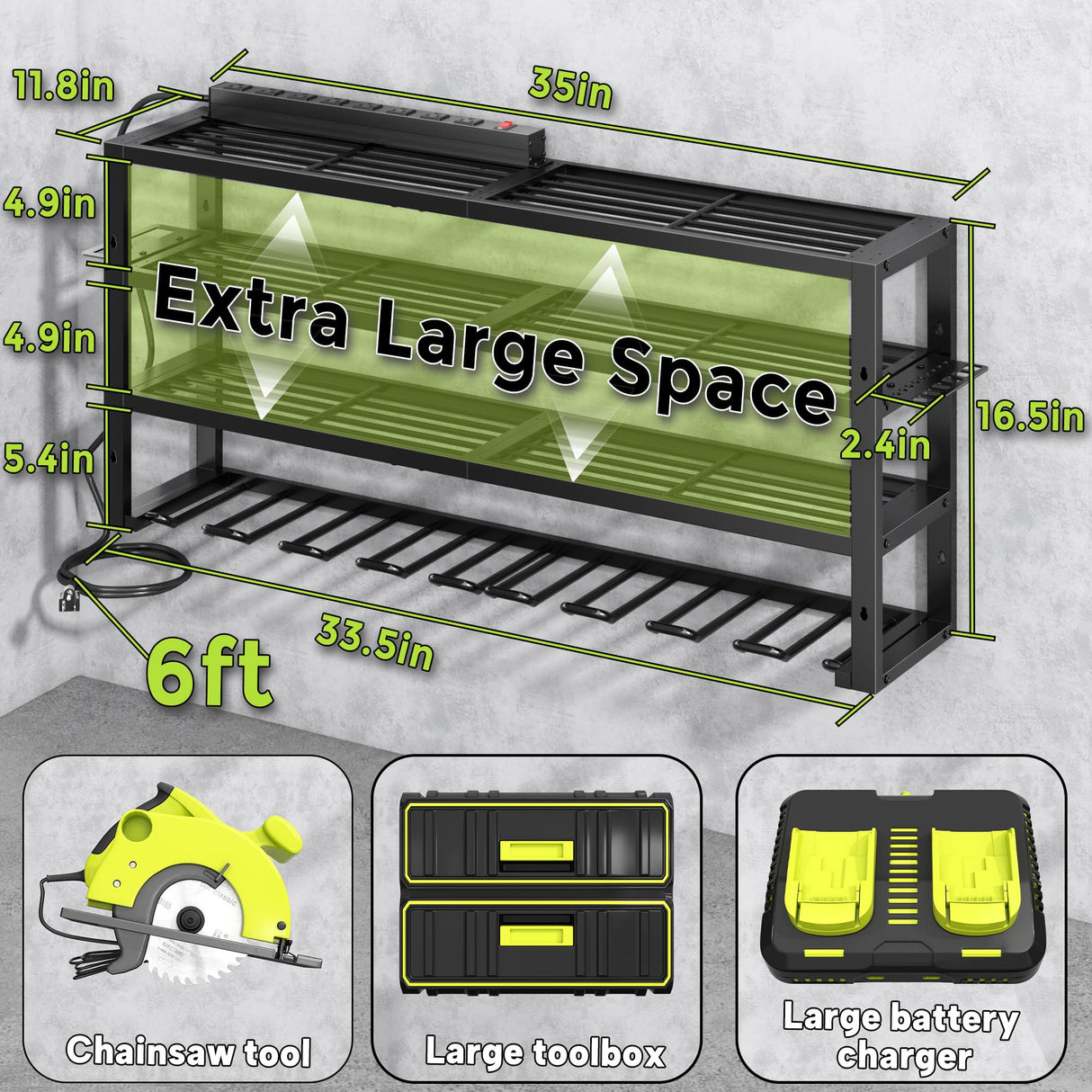 Large Power Tool Organizer Wall Mount with Charging Station, 8 Outlet Power Strip, 4 Layers 8 Drill Holder Heavy Duty Metal Tool Storage Loads 420lbs with Screwdriver Holder, Utility Racks for Garage CFMASTER