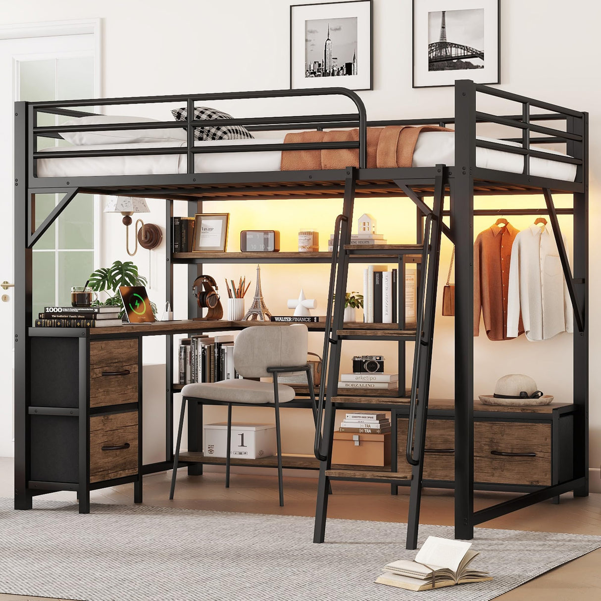 Loft Bed Queen Size with Desk and Charging Station, Metal Loft Beds Frame with LED Lights, Bookcase & 4 Fabric Storage Drawers & Bench, Adults Loft Beds with Wardrobe -Safety Guard & Ladder, Black Mirightone