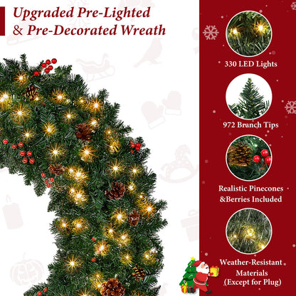 TOWPONICS 60in Large Prelit Artificial Christmas Wreath with Lights, Xmas Door Wreath Decoration with 330 LED Warm White Lights, 972 PVC Tips, Pinecones, Berries for Home Exterior, Mantel - Green