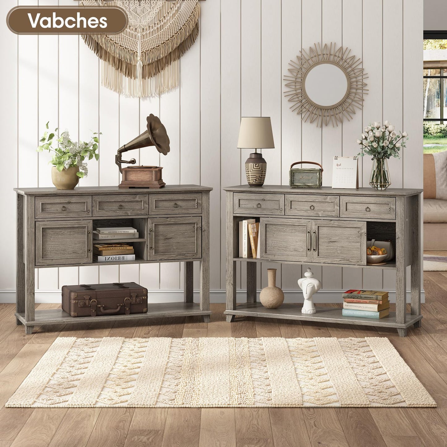 Vabches Farmhouse Entryway Table with Storage, 47" Modern Console Table with Sliding Barn Door & Drawers, Wood Rustic Sofa Table for Living Room, Entryway, Hallway, Washed Grey - WoodArtSupply