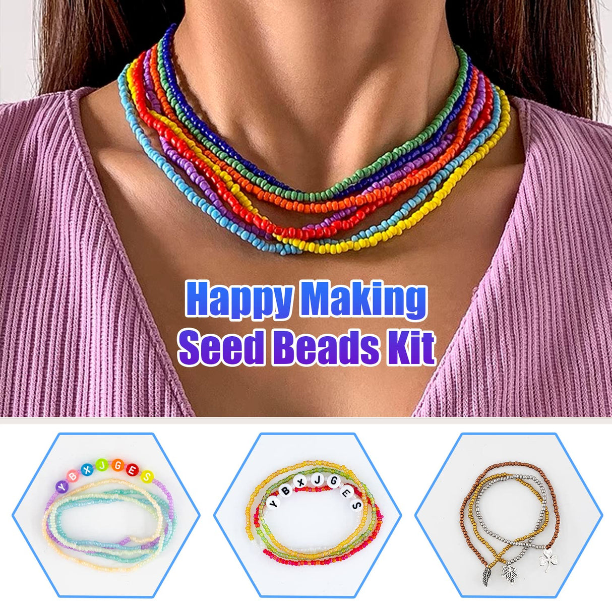 Ybxjges 42000Pcs 2mm Glass Seed Beads 12/0 Small Tiny Beads Kit with 150Pcs Alphabet Letter Beads Pendants Charms Jump Ring Elastic String for DIY Bracelets Necklace Jewelry Making Supplies Ybxjges