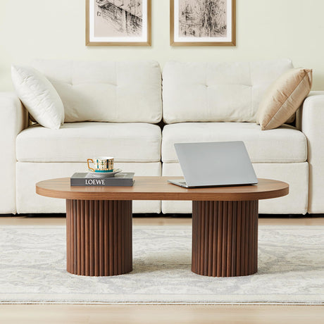 RUSTYER Oval Fluted Coffee Table, Farmhouse Wood Coffee Table Mid Century Modern Center Table Boho Living Room Tables for Living Room Office (Walnut, 19.69" D x 39.38" W x 13.78" H) RUSTYER