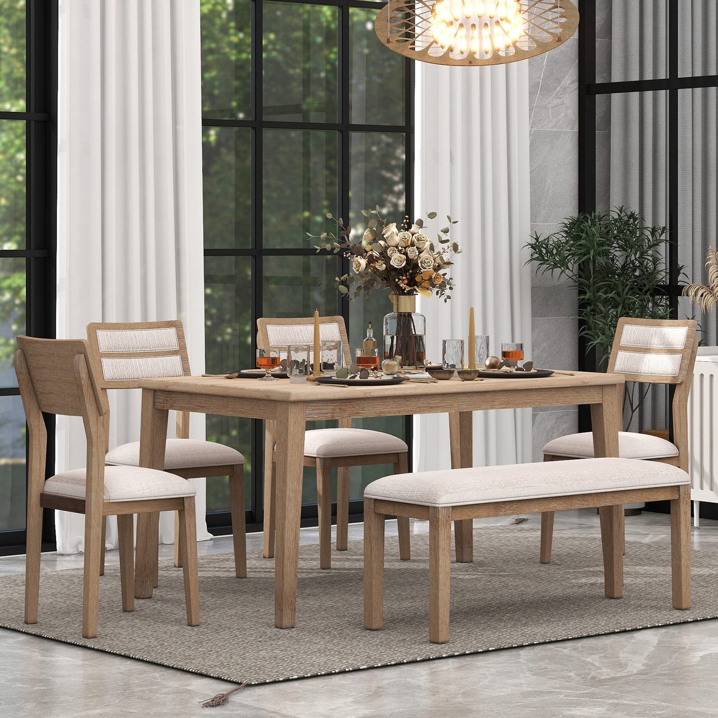 Merax 6 Piece Kitchen Dining Table Set, 60 inch Wooden Rectangular Table with 4 Upholstered Chairs and a Bench, Dining Room Table Set for 6 People, Living Room Furniture (Natural Wood Wash)