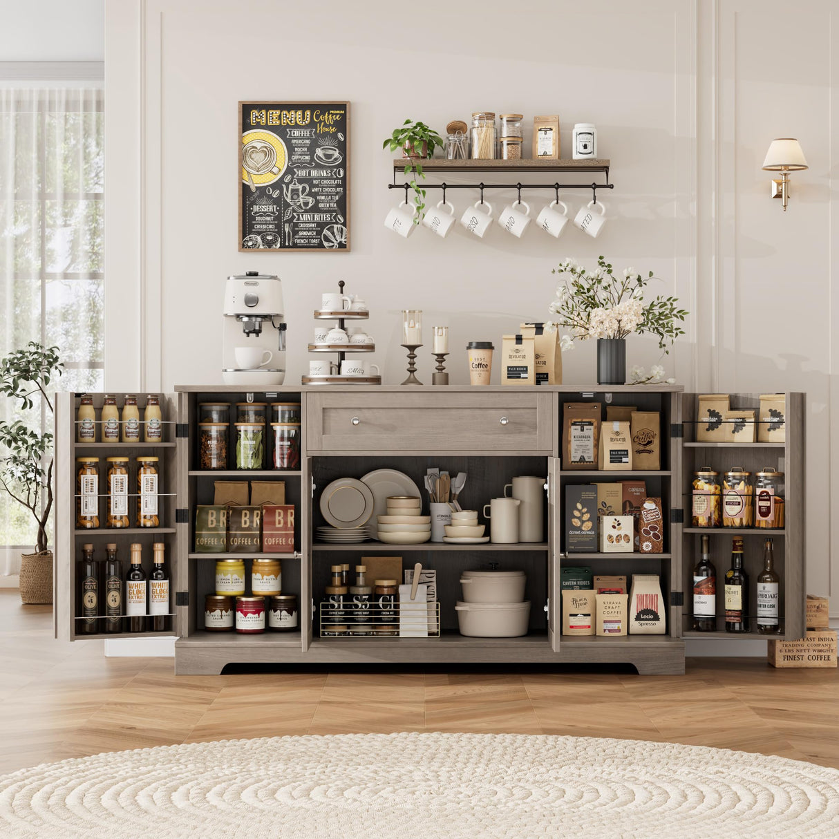 HITHOS 54" Buffet Cabinet with Storage, Modern Kitchen Buffet Sideboard with Drawer, Wood Coffee Bar Cabinet with Adjustable Shelves, Kitchen Storage Cabinet for Living Room, Ash Grey HITHOS