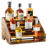 Nuovoware LED Lighted Liquor Bottle Display Shelf, 3 Step Wood Countertop Liquor Rack with Fences & Portable Handles, 12-Bottle Whiskey Rack Liquor Display Retro Wine Rack for Home Bar Party, Brown Nuovoware