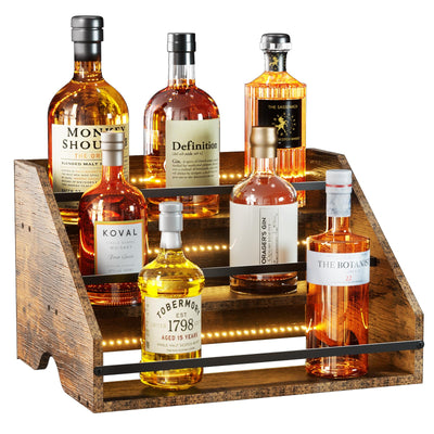 Nuovoware LED Lighted Liquor Bottle Display Shelf, 3 Step Wood Countertop Liquor Rack with Fences & Portable Handles, 12-Bottle Whiskey Rack Liquor Display Retro Wine Rack for Home Bar Party, Brown