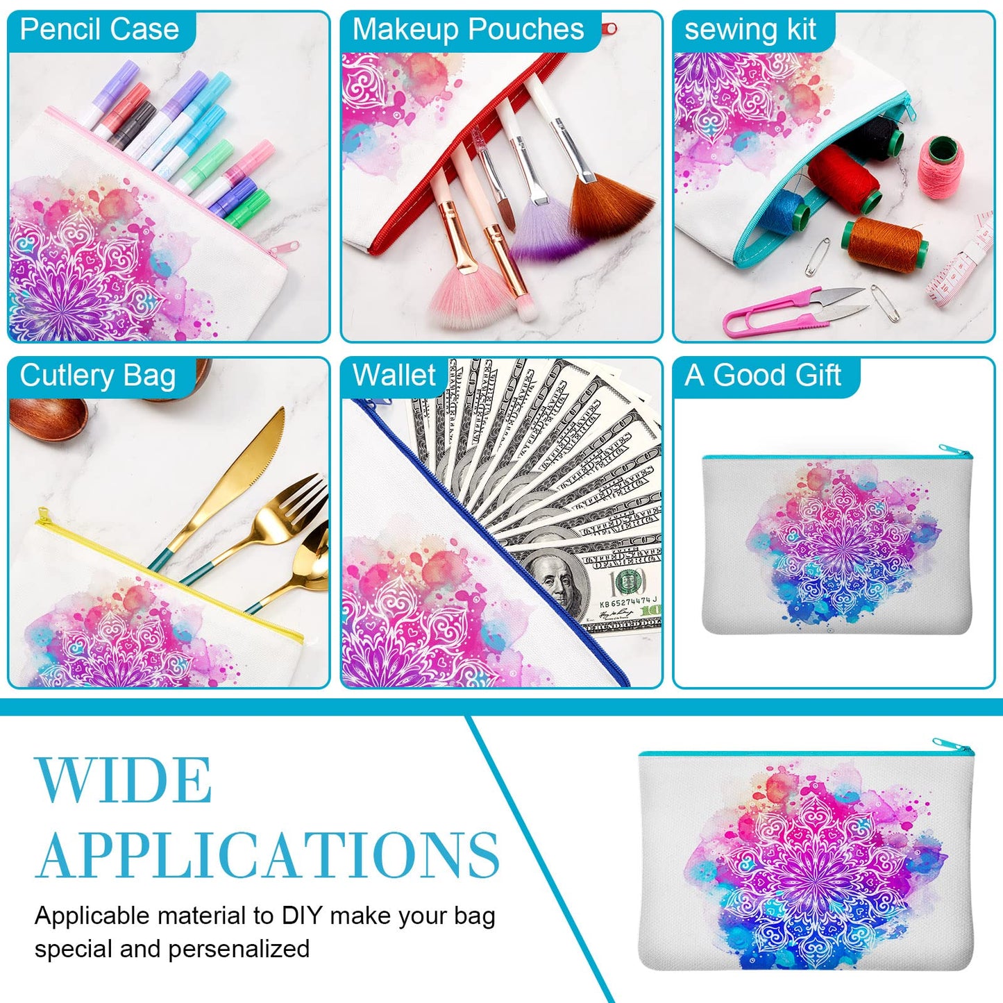 50 Pieces Sublimation Blank Canvas Makeup Bags Bulk Blank DIY Heat Transfer Cosmetic Makeup Bags Canvas Pen Case Pencil Bags Clear Sublimation Blank Pouch with Zipper (Mixed Colors,7.87 x 5.7 Inch)