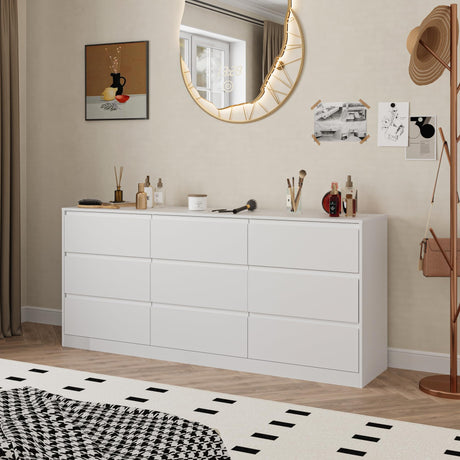 Bobve 70.9” Dresser for Bedroom with 9 Drawers, Large Modern Chest of Drawers with Deep Drawers, Wide Double Dresser Handle Free, Storage Organizer for Bedroom, Living Room, Hallway (White) Bobve