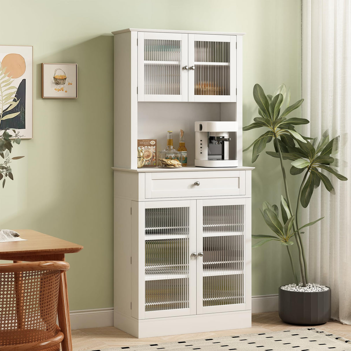 Kitchen Pantry Storage Cabinet with Drawers, 4 Doors and 3 Shelves, 70" Tall Narrow Coffee Bar Station w/Glass Hutch, Microwave Countertop, Food Organizers, Bathroom Cabinet for Small Space, White GlouMod
