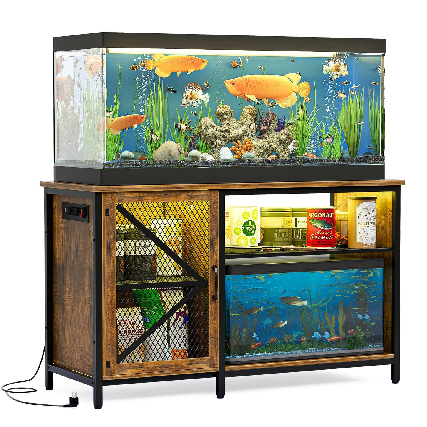 Oarlike 55-75 Gallon Fish Tank Stand with LED Light and Power Outlets, Heavy Duty Metal Aquarium Stand with Cabinet for Fish Tank Accessories Storage, Turtle/Reptile Tank Stand (Rustic Wood)