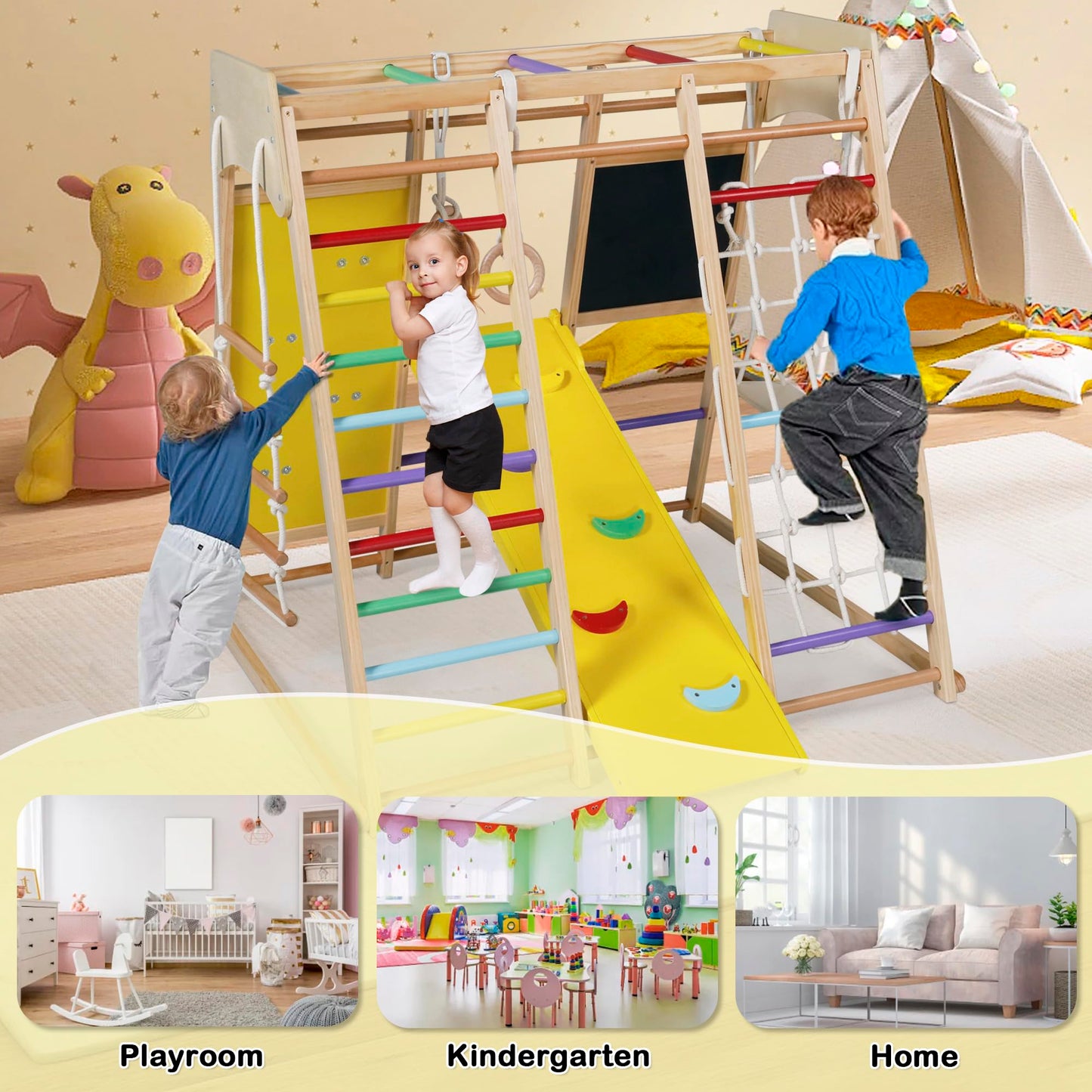 TODEFULL Indoor Jungle Gym for Kids, 10 in 1 Wooden Montessori Climbing Set with Swing Slide Climbing Net, Monkey Bar, Wood & Rope Ladder, Large Climbing Toys for Kids 3+, Rainbow