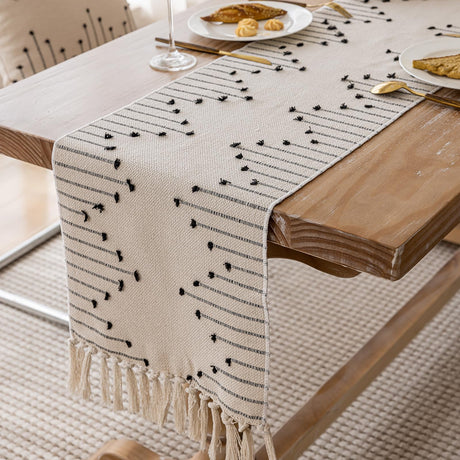 Joyfol Day Boho Table Runner, Farmhouse Stripe Cotton Table Runners with Tassels for Home Dining Table Decor, Rustic Natural Woven Dresser Scarf (Beige&Black,13 x 36 Inch) Joyfol Day