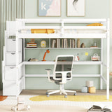 Full Size Loft Bed with Desk and Storage Shelves,Solid Wood Loft Bed Frame with Storage Staircase,High Loft Bed Full Size with Stair for Kids,Teens, Adults,White Bellemave