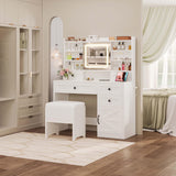 IRONCK Vanity Desk with LED Lighted Mirror, Large Storage Makeup Vanity Table with 5 Drawers, Cabinet, 7 Open Shelves, Power Outlet, Storage Stool, Bedroom, White IRONCK