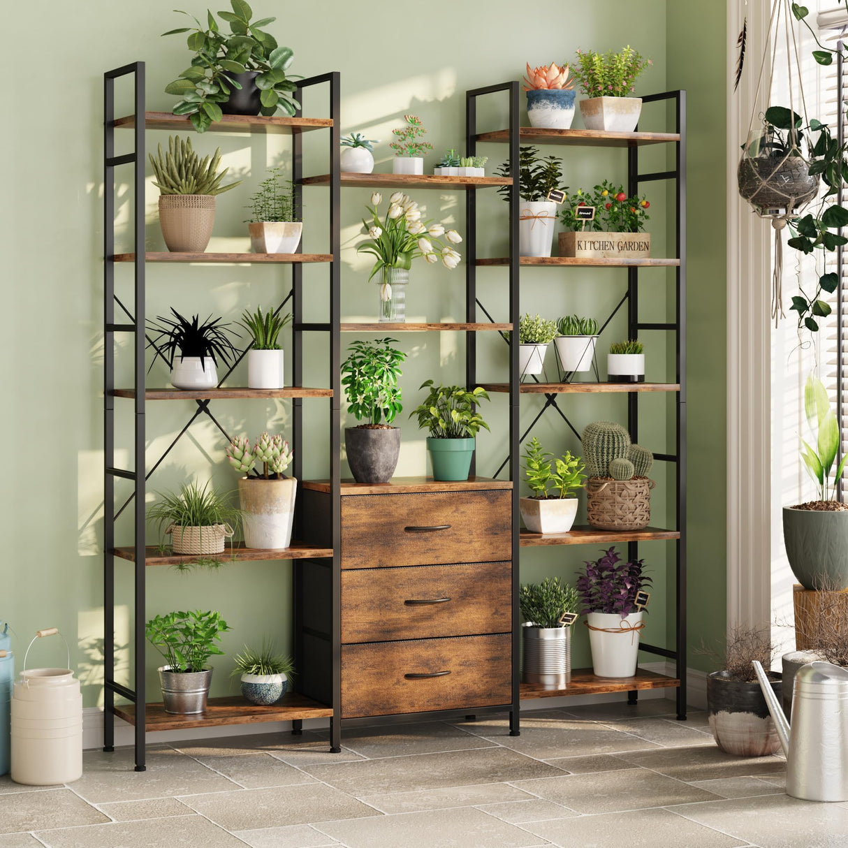 AFLUI Triple Bookshelf with 3 Fabric Drawers, 5-Tier Book Shelf and 10 Display Shelves, Industrial Large Bookcase for Home & Office, Rustic Brown, 47'' Wide AFLUI